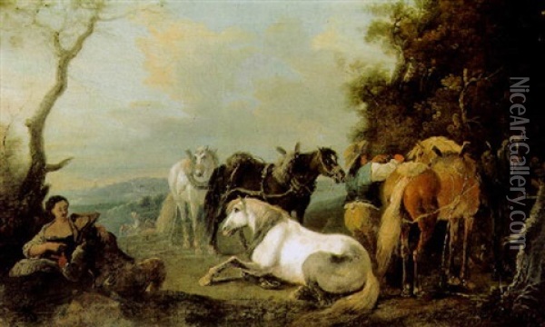 Rastende Reiter Und Pferde Am Waldrand Oil Painting - Pieter van Bloemen