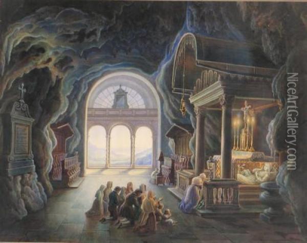 Ansicht Der Rosalien 
Kapelle Bei Palermo Mit Zahlreichen Betenden Personen Oil Painting - Carl Ludwig Rundt