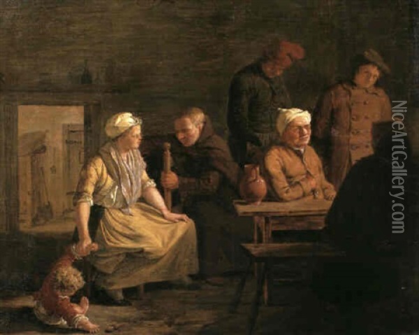 A Mother Restraining Her Child Whilst Talking To A Friar    Seated At A Table Where Four Peasants Drink Oil Painting - Leonard de France