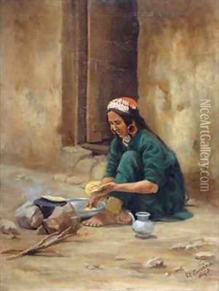 A Hill woman from Ladakh, cooking her food Oil Painting - Gertrude Ellen Burrard