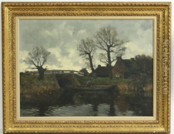 Boer Met Punterboot Bij Een Brug Oil Painting - Laurent Van Der Windt