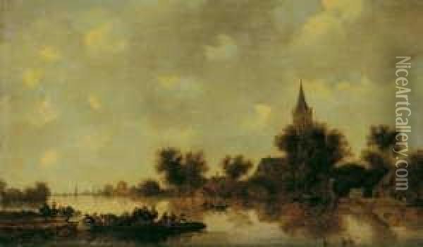 Flusslandschaft Mit Fahrboot. Oil Painting - Jan van Goyen