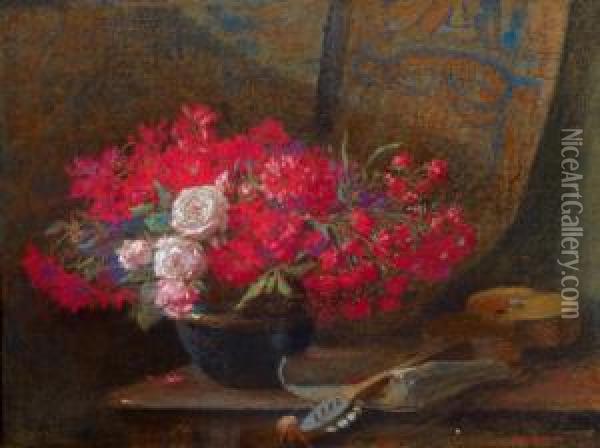 Stillleben Mit Blumenstraus Und Gitarre Oil Painting - Hugo Charlemont