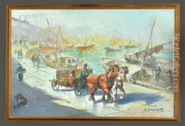 Harbor Scene With Carraige Oil Painting - Jose Sanz Arizmendi