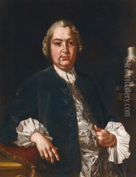 Portrait Of The Composer Niccolo Jommelli (1714 - 1774), Three Quarter Length, In A Blue Coat And Satin Waistcoat Oil Painting - Giuseppe Bonito