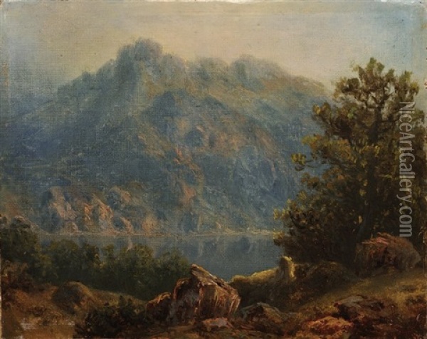Mountain Landscape With A Lake Oil Painting - August Bedrich Piepenhagen