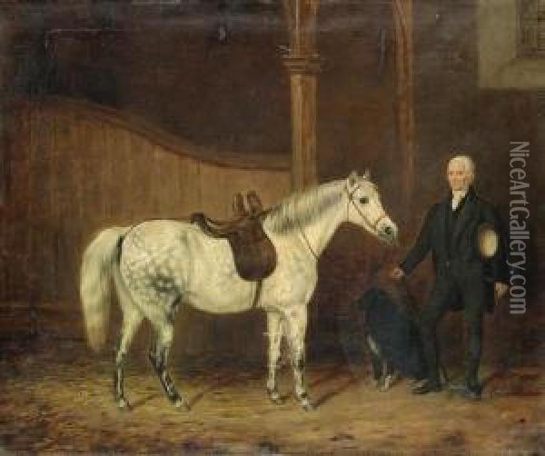A Saddled Grey Hunter, With A Gentleman And A Dog In A Stable Oil Painting - George Morley
