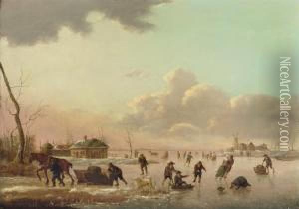A Winter Landscape With Figures Skating On A Frozen River Oil Painting - Hendrick Willelm Schweickhardt