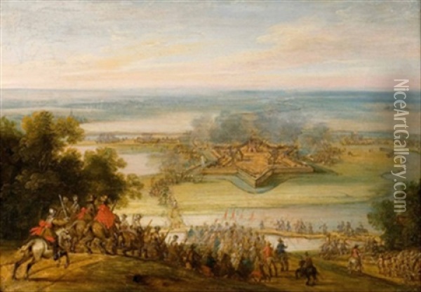 Kavallerie Und Infanterie Vor Kleiner Festung In Weiter Landschaft Oil Painting - Adam Frans van der Meulen
