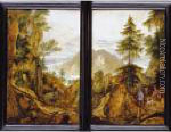 A Pair Of Landscapes With A Hunter And Travellers On An Alpine Pass, Framed As One Oil Painting - Roelandt Jacobsz Savery