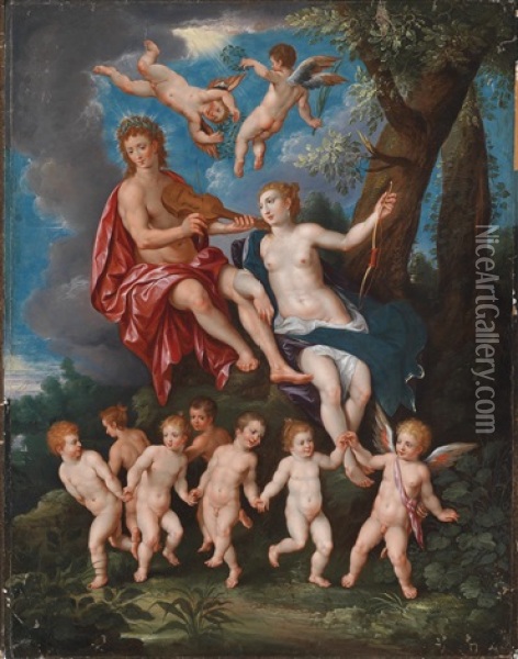 Apollo Und Diana Mit Tanzenden Putten In Einer Waldlandschaft Oil Painting - Hendrick De Clerck