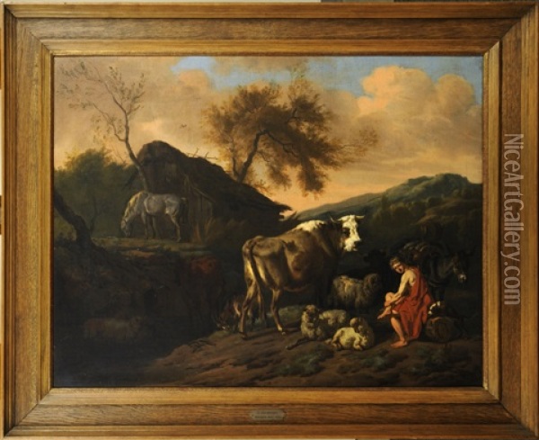 Berger Et Troupeau Dans La Montagne Oil Painting - Dirk van Bergen