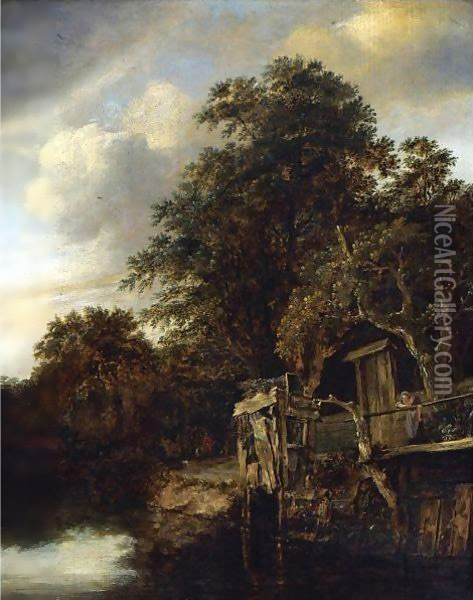 A Wooded River Landscape With A Woman And Child Looking Out Over The Water Oil Painting - Cornelius Decker