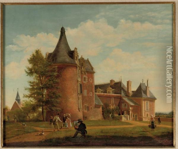 A Castle In A Landscape With Hunters, A Milkmaid, Figures Walkingand A Man Painting Oil Painting - Hendrik Keun