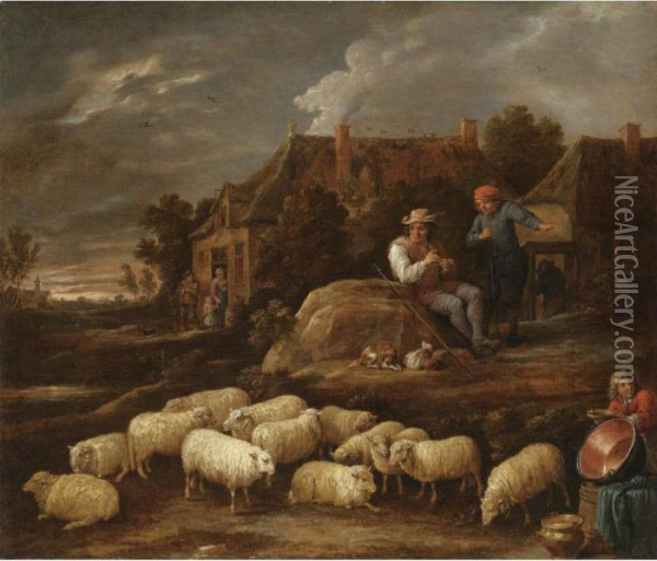A Pastoral Village Landscape 
With A Shepherd Resting His Flock, A Boy Collecting Water In The 
Foreground Oil Painting - David The Younger Teniers