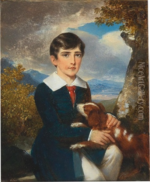 Portrait Of A Boy With Spaniel Oil Painting - Johann Nepomuk Ender