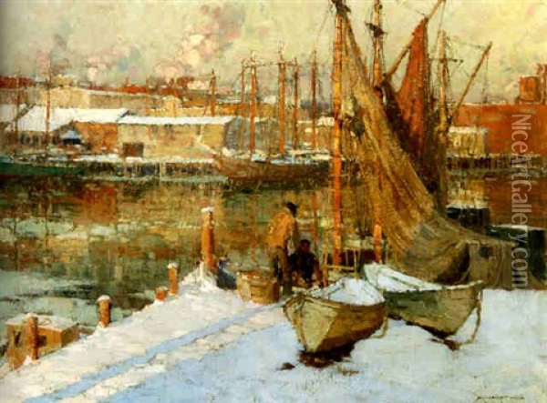 Guinea Wharf, Gloucester, Massachusetts Oil Painting - Frederick J. Mulhaupt