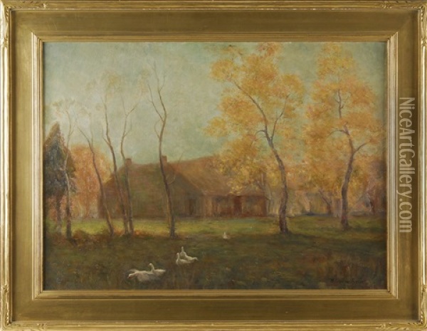 Tonalist Landscape With Geese And Houses Through The Trees Oil Painting - Walter Granville-Smith