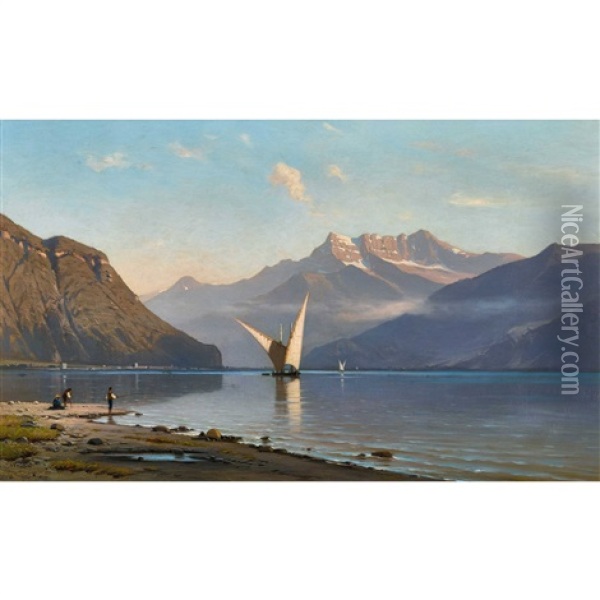 Le Lac Leman Contre Les Dents Du Midi Oil Painting - Auguste Louis Veillon
