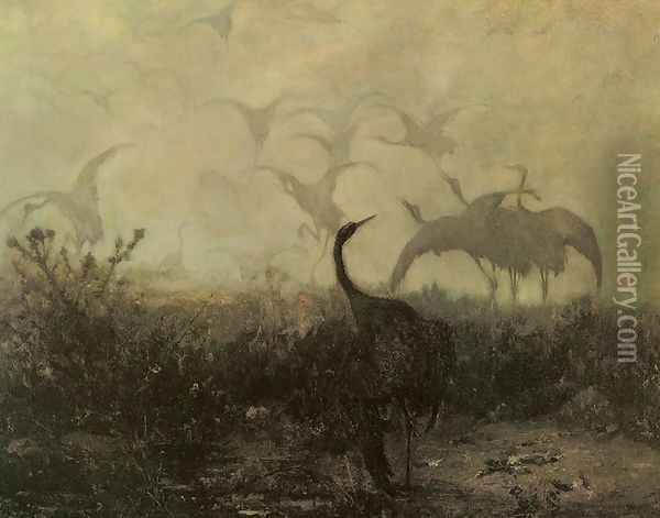 Cranes Oil Painting - Jozef Chelmonski