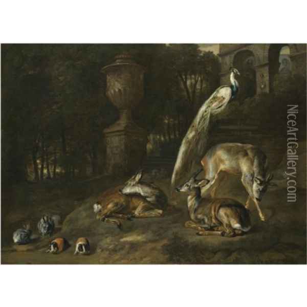 Rabbits, Guinea-pigs, Roe-deers And A Peacock In An Ornamental Garden Oil Painting - Pieter Boel