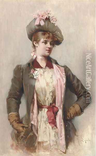 A young lady in a coat and hat with a pink bow Oil Painting - Albert Lynch