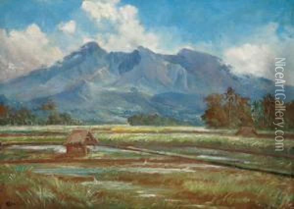 Landscape With A View Of A Massive Mountain Above Rice Fields Oil Painting - Abdullah Soerjosoebroto