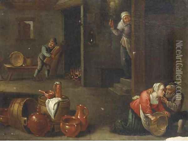A peasant couple in an interior, with kitchen utensils in the lower foreground Oil Painting - David The Younger Teniers