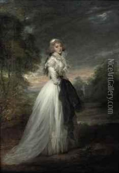 Portrait Of A Lady, Full-length, In A White Dress, Standing In Apark Landscape Holding A Dark Robe Oil Painting - Richard Cosway