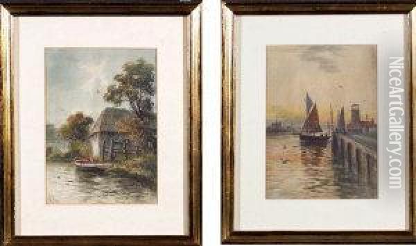 A Boat By A Watermill And A Fishing Smack Leaving Harbour Oil Painting - Joseph Wilton