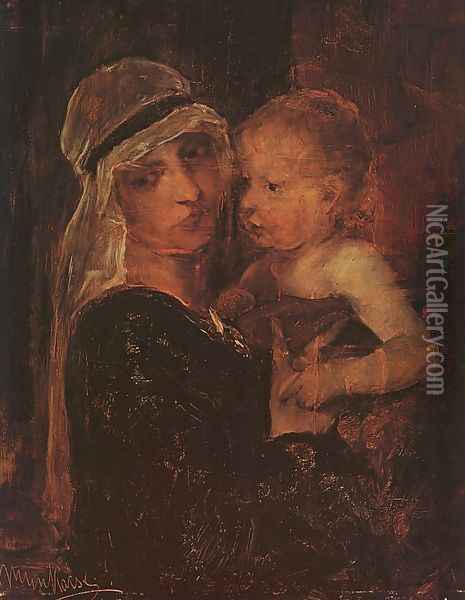 Mother and Child - Study for Christ before Pilate (Anya Gyermekkel- Tanulmany a Krisztus Pilatus elott cimu kephez) 1880 Oil Painting - Mihaly Munkacsy