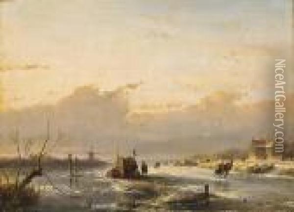 Frozen River With Skaters And A Koek En Zopie Oil Painting - Andreas Schelfhout