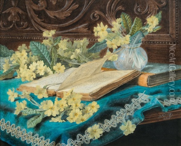 Still Life With A Book And Flowers Oil Painting - Marga Toppelius-Kiseleff