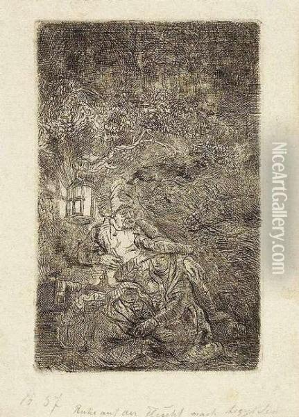 The Rest On The Flight: A Night Piece. Etching, Ca. 1644. State Iv Oil Painting - Rembrandt Van Rijn