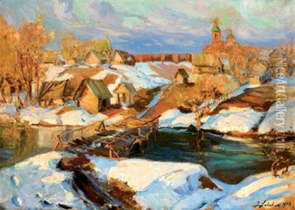 Le Village Russe Sous La Neige Oil Painting - Georgi Alexandrovich Lapchine