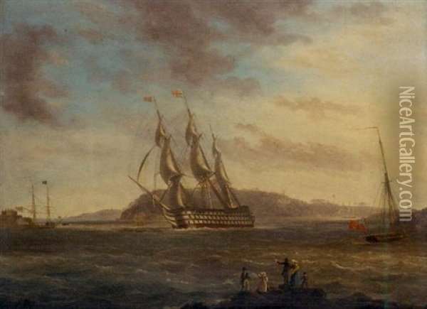A First Rate Making Her Way Down Plymouth Sound In A Stiff Breeze, With Drake's Island Off Her Starboard Bow Oil Painting - Thomas Lyde Hornbrook