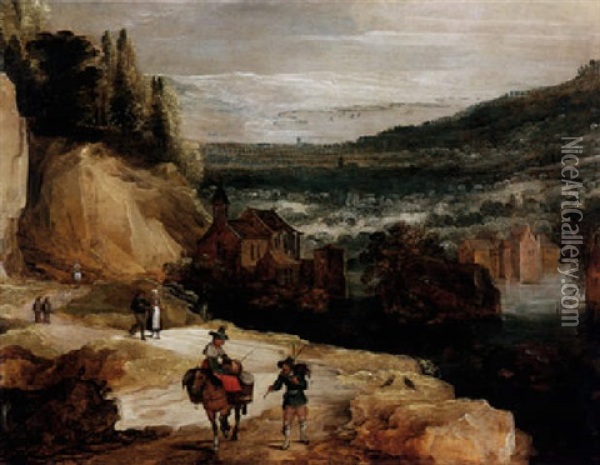 An Extensive Rocky River Landscape With Travellers On A Path, A Church And Water Beyond Oil Painting - Joos de Momper the Younger