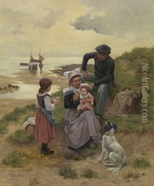 Famille De Pecheurs Sur La Plage Oil Painting - Amedee Besnus