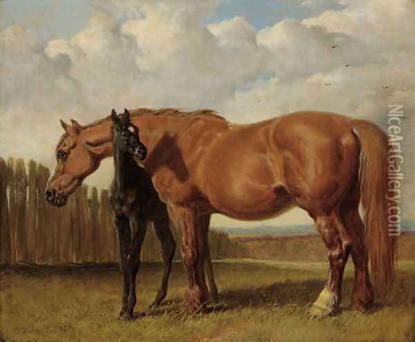 A chestnut mare with her foal in a paddock Oil Painting - John Frederick Herring Snr