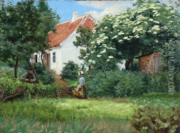 Danish Summer Idyll With Old Folks Talking At The White Country House Oil Painting - Hans Andersen Brendekilde