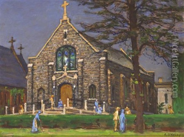 The Good Samaritan Lutheran Church, Roosevelt Island, New York Oil Painting - Aloysius C. O'Kelly