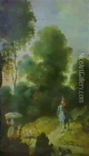 Paysage (huntsman, Peasant Woman And Hounds Met By Travelleron Horseback) Oil Painting - Paul Bril