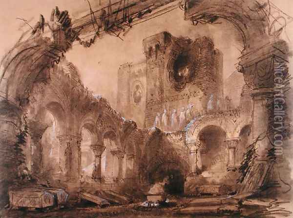 Ruins, scenery design for a performance of 'Macbeth' Oil Painting - Charles Antoine Cambon