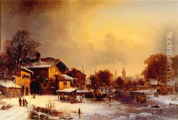 Figures On A Frozen River Before A Town Oil Painting - Adolf Kirstein