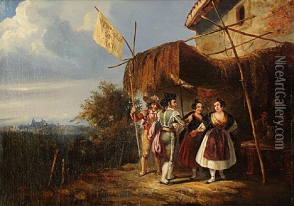 Le Rendez-vous A La Taverne Oil Painting - Jose De Brugada Vila