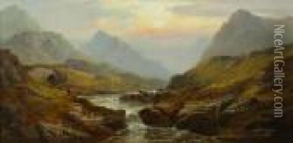 Entrance To The Pass Of Glencoe - The Eagle Glen Oil Painting - George Blackie Sticks