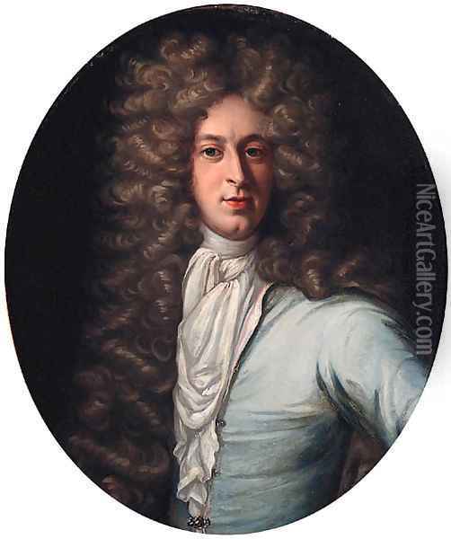 Portrait of John Taylor of Royston, half-length, in a blue coat and white stock Oil Painting - Sir Godfrey Kneller