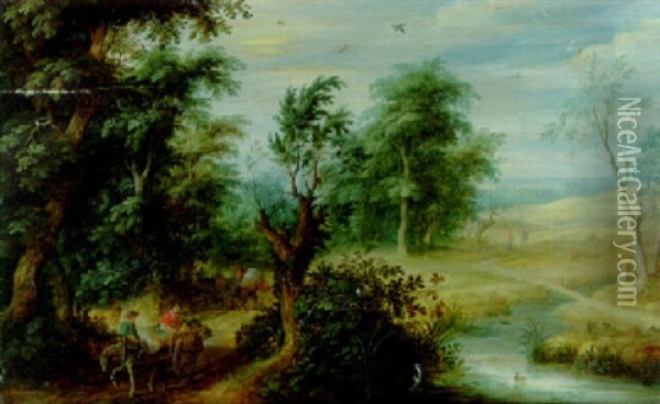 Wooded River Landscape With Peasants, A Cart And Travellers On A Path Oil Painting - Alexander Keirincx