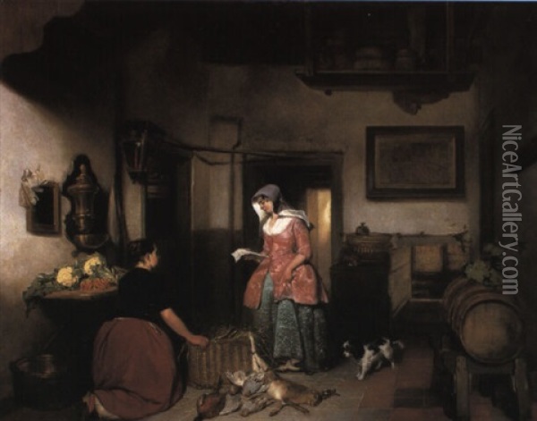 Interior Of A Larder With Women Cleaning Game Oil Painting - Hubertus van Hove
