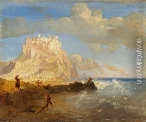 Meeresbrandung Vor Einem Felsen Mit Festung Und Vulkan Im Hintergrund Oil Painting - Carlo Bossoli